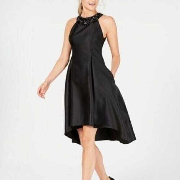 Adrianna Papell Mikado Fit & Flare Dress Black Size 2 NWT Beaded Hi Low Pockets - Picture 2 of 12